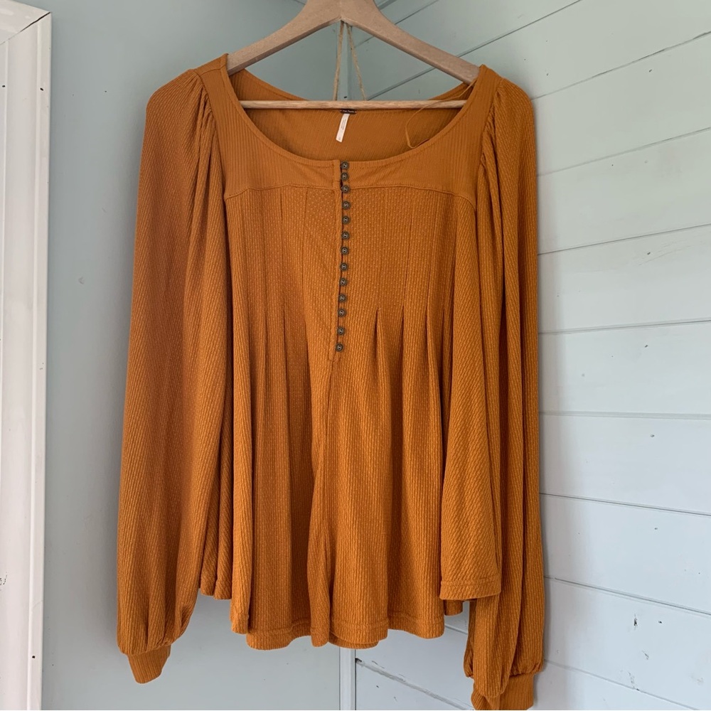 Free People Devan Henley Peasant Blouse Small Long Sleeve Mustard Yellow